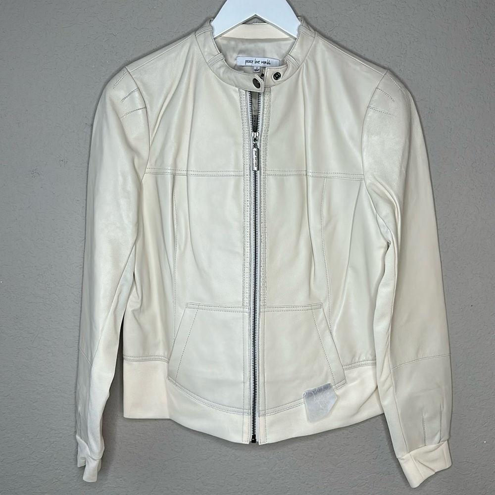 Peace Love World‎ Women's Leather Mixed Media Jacket Sz 4 Cream Mandarin Collar